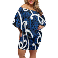 Aotearoa Maori Kowhaiwhai Family Matching Off Shoulder Short Dress and Hawaiian Shirt Kikorangi Puhoro and Patiki LT9 Mom's Dress Blue - Polynesian Pride