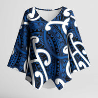 Aotearoa Maori Kowhaiwhai Kimono Sleeve Blouse Kikorangi Puhoro and Patiki