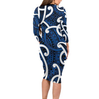 Aotearoa Maori Kowhaiwhai Long Sleeve Bodycon Dress Kikorangi Puhoro and Patiki