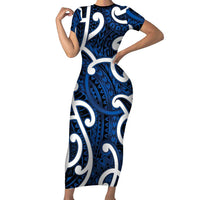 Aotearoa Maori Kowhaiwhai Short Sleeve Bodycon Dress Kikorangi Puhoro and Patiki