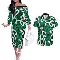 Aotearoa Maori Kowhaiwhai Couples Matching Off The Shoulder Long Sleeve Dress and Hawaiian Shirt Kakariki Puhoro and Patiki LT9 Green - Polynesian Pride