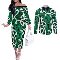 Aotearoa Maori Kowhaiwhai Couples Matching Off The Shoulder Long Sleeve Dress and Long Sleeve Button Shirt Kakariki Puhoro and Patiki LT9 Green - Polynesian Pride