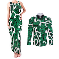 Aotearoa Maori Kowhaiwhai Couples Matching Tank Maxi Dress and Long Sleeve Button Shirt Kakariki Puhoro and Patiki LT9 Green - Polynesian Pride