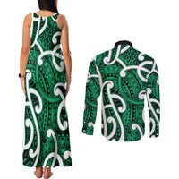 Aotearoa Maori Kowhaiwhai Couples Matching Tank Maxi Dress and Long Sleeve Button Shirt Kakariki Puhoro and Patiki LT9 - Polynesian Pride