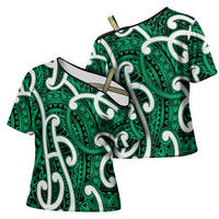 Aotearoa Maori Kowhaiwhai Cross Shoulder Shirt Kakariki Puhoro and Patiki