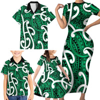 Aotearoa Maori Kowhaiwhai Family Matching Short Sleeve Bodycon Dress and Hawaiian Shirt Kakariki Puhoro and Patiki LT9 - Polynesian Pride