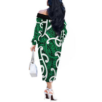 Aotearoa Maori Kowhaiwhai Off The Shoulder Long Sleeve Dress Kakariki Puhoro and Patiki