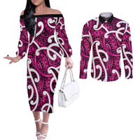 Aotearoa Maori Kowhaiwhai Couples Matching Off The Shoulder Long Sleeve Dress and Long Sleeve Button Shirt Mawhero Puhoro and Patiki LT9 Pink - Polynesian Pride