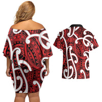 Aotearoa Maori Kowhaiwhai Couples Matching Off Shoulder Short Dress and Hawaiian Shirt Whero Puhoro and Patiki LT9 - Polynesian Pride