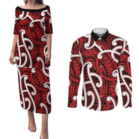 Aotearoa Maori Kowhaiwhai Couples Matching Puletasi and Long Sleeve Button Shirt Whero Puhoro and Patiki