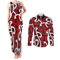 Aotearoa Maori Kowhaiwhai Couples Matching Tank Maxi Dress and Long Sleeve Button Shirt Whero Puhoro and Patiki LT9 Red - Polynesian Pride