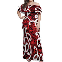 Aotearoa Maori Kowhaiwhai Off Shoulder Maxi Dress Whero Puhoro and Patiki