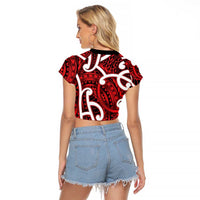 Aotearoa Maori Kowhaiwhai Raglan Cropped T Shirt Whero Puhoro and Patiki