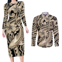 Polynesian Shark Tribal Tattoo Couples Matching Long Sleeve Bodycon Dress and Long Sleeve Button Shirt Beige Style