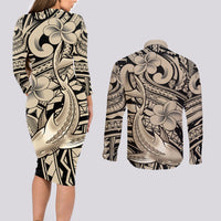 Polynesian Shark Tribal Tattoo Couples Matching Long Sleeve Bodycon Dress and Long Sleeve Button Shirt Beige Style