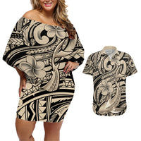 Polynesian Shark Tribal Tattoo Couples Matching Off Shoulder Short Dress and Hawaiian Shirt Beige Style