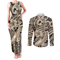 Polynesian Shark Tribal Tattoo Couples Matching Tank Maxi Dress and Long Sleeve Button Shirt Beige Style