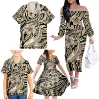 Polynesian Shark Tribal Tattoo Family Matching Off The Shoulder Long Sleeve Dress and Hawaiian Shirt Beige Style LT9 - Polynesian Pride