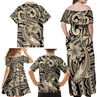 Polynesian Shark Tribal Tattoo Family Matching Off Shoulder Maxi Dress and Hawaiian Shirt Beige Style LT9 - Polynesian Pride