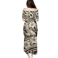 Polynesian Shark Tribal Tattoo Family Matching Puletasi and Hawaiian Shirt Beige Style