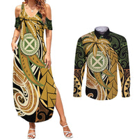 Wallis and Futuna Victory Day Couples Matching Summer Maxi Dress and Long Sleeve Button Shirt Since 1945 with Polynesian Platinum Floral Tribal LT9 Red - Polynesian Pride