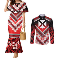 Personalised Wallis et Futuna Couples Matching Mermaid Dress and Long Sleeve Button Shirt Hibiscus and Polynesian Tribal Tattoos LT9 Red - Polynesian Pride
