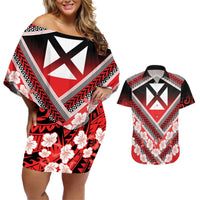 Personalised Wallis et Futuna Couples Matching Off Shoulder Short Dress and Hawaiian Shirt Hibiscus and Polynesian Tribal Tattoos LT9 Red - Polynesian Pride