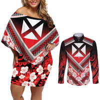 Personalised Wallis et Futuna Couples Matching Off Shoulder Short Dress and Long Sleeve Button Shirt Hibiscus and Polynesian Tribal Tattoos LT9 Red - Polynesian Pride