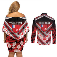 Personalised Wallis et Futuna Couples Matching Off Shoulder Short Dress and Long Sleeve Button Shirt Hibiscus and Polynesian Tribal Tattoos LT9 - Polynesian Pride