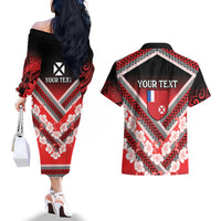 Personalised Wallis et Futuna Couples Matching Off The Shoulder Long Sleeve Dress and Hawaiian Shirt Hibiscus and Polynesian Tribal Tattoos LT9 - Polynesian Pride