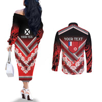 Personalised Wallis et Futuna Couples Matching Off The Shoulder Long Sleeve Dress and Long Sleeve Button Shirt Hibiscus and Polynesian Tribal Tattoos LT9 - Polynesian Pride