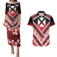 Personalised Wallis et Futuna Couples Matching Puletasi and Hawaiian Shirt Hibiscus and Polynesian Tribal Tattoos LT9 Red - Polynesian Pride