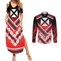 Personalised Wallis et Futuna Couples Matching Summer Maxi Dress and Long Sleeve Button Shirt Hibiscus and Polynesian Tribal Tattoos LT9 Red - Polynesian Pride