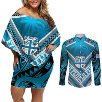 Custom Fiji Rugby Couples Matching Off Shoulder Short Dress and Long Sleeve Button Shirt Fijian Warrior With Polynesian Tribal Tattoos LT9 Blue - Polynesian Pride