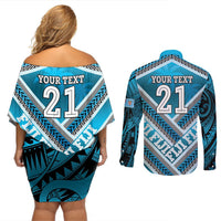 Custom Fiji Rugby Couples Matching Off Shoulder Short Dress and Long Sleeve Button Shirt Fijian Warrior With Polynesian Tribal Tattoos LT9 - Polynesian Pride