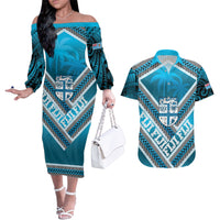 Custom Fiji Rugby Couples Matching Off The Shoulder Long Sleeve Dress and Hawaiian Shirt Fijian Warrior With Polynesian Tribal Tattoos LT9 Blue - Polynesian Pride