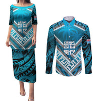 Custom Fiji Rugby Couples Matching Puletasi and Long Sleeve Button Shirt Fijian Warrior With Polynesian Tribal Tattoos LT9 Blue - Polynesian Pride
