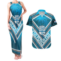 Custom Fiji Rugby Couples Matching Tank Maxi Dress and Hawaiian Shirt Fijian Warrior With Polynesian Tribal Tattoos LT9 Blue - Polynesian Pride
