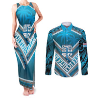 Custom Fiji Rugby Couples Matching Tank Maxi Dress and Long Sleeve Button Shirt Fijian Warrior With Polynesian Tribal Tattoos LT9 Blue - Polynesian Pride