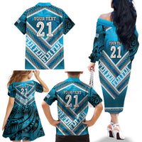 Custom Fiji Rugby Family Matching Off The Shoulder Long Sleeve Dress and Hawaiian Shirt Fijian Warrior With Polynesian Tribal Tattoos LT9 - Polynesian Pride