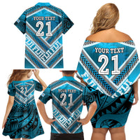 Custom Fiji Rugby Family Matching Off Shoulder Short Dress and Hawaiian Shirt Fijian Warrior With Polynesian Tribal Tattoos LT9 - Polynesian Pride
