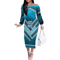 Custom Fiji Rugby Off The Shoulder Long Sleeve Dress Fijian Warrior With Polynesian Tribal Tattoos LT9 Women Blue - Polynesian Pride
