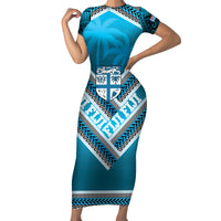 Custom Fiji Rugby Short Sleeve Bodycon Dress Fijian Warrior With Polynesian Tribal Tattoos LT9 Long Dress Blue - Polynesian Pride