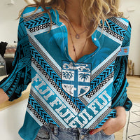 Custom Fiji Rugby Women Casual Shirt Fijian Warrior With Polynesian Tribal Tattoos LT9 Female Blue - Polynesian Pride