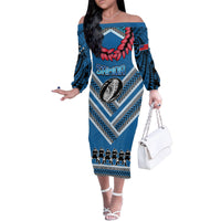 Custom Manuma Samoa Rugby Family Matching Off The Shoulder Long Sleeve Dress and Hawaiian Shirt Ula fala Samoan Siva Tau Tribal LT9 Mom's Dress Blue - Polynesian Pride