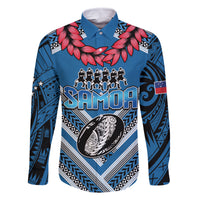 Custom Manuma Samoa Rugby Family Matching Off Shoulder Short Dress and Hawaiian Shirt Ula fala Samoan Siva Tau Tribal LT9 Dad's Shirt - Long Sleeve Blue - Polynesian Pride