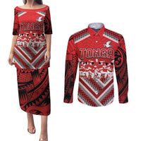 Custom Tonga Rugby Couples Matching Puletasi and Long Sleeve Button Shirt Tonga Sipi Tau Ngatu Tribal Pattern LT9 Red - Polynesian Pride