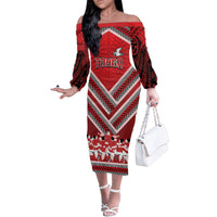 Custom Tonga Rugby Family Matching Off The Shoulder Long Sleeve Dress and Hawaiian Shirt Tonga Sipi Tau Ngatu Tribal Pattern LT9 Mom's Dress Red - Polynesian Pride