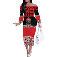 New Zealand Rugby Pacific Custom Family Matching Off The Shoulder Long Sleeve Dress and Hawaiian Shirt Whatumoana Maori Kowhaiwhai Pattern LT9 Mom's Dress Blue - Polynesian Pride