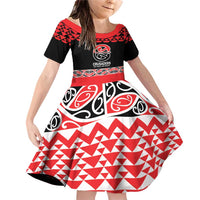 New Zealand Rugby Pacific Custom Family Matching Off Shoulder Short Dress and Hawaiian Shirt Whatumoana Maori Kowhaiwhai Pattern LT9 Daughter's Dress Blue - Polynesian Pride